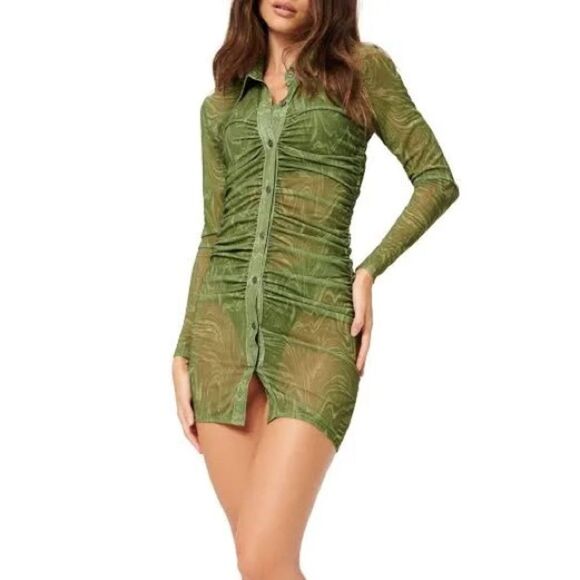 Good American mesh ruched green button up mini dress - Picture 1 of 8
